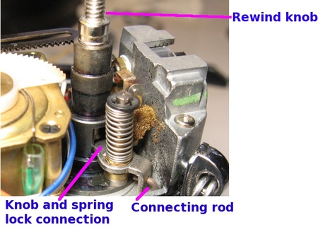 Canon FTb: rewind knob and spring lock connection.