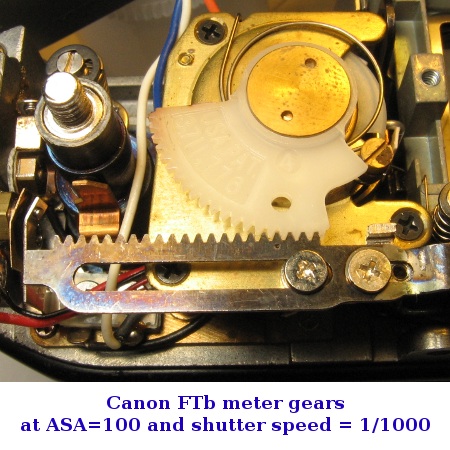 Canon FTb meter gears at ASA=100 and shutter speed T=1000.