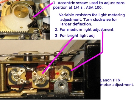 Canon FTb exposure meter adjustment using the variable resistors (pots).